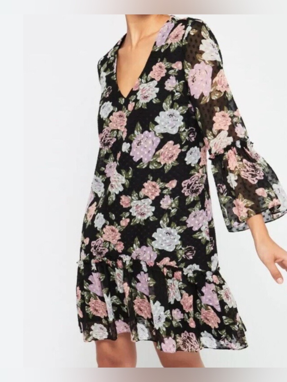 Miss Selfridge 12 Black Floral Mini Dress Peplum Hem Babydoll Cottagecore Boho